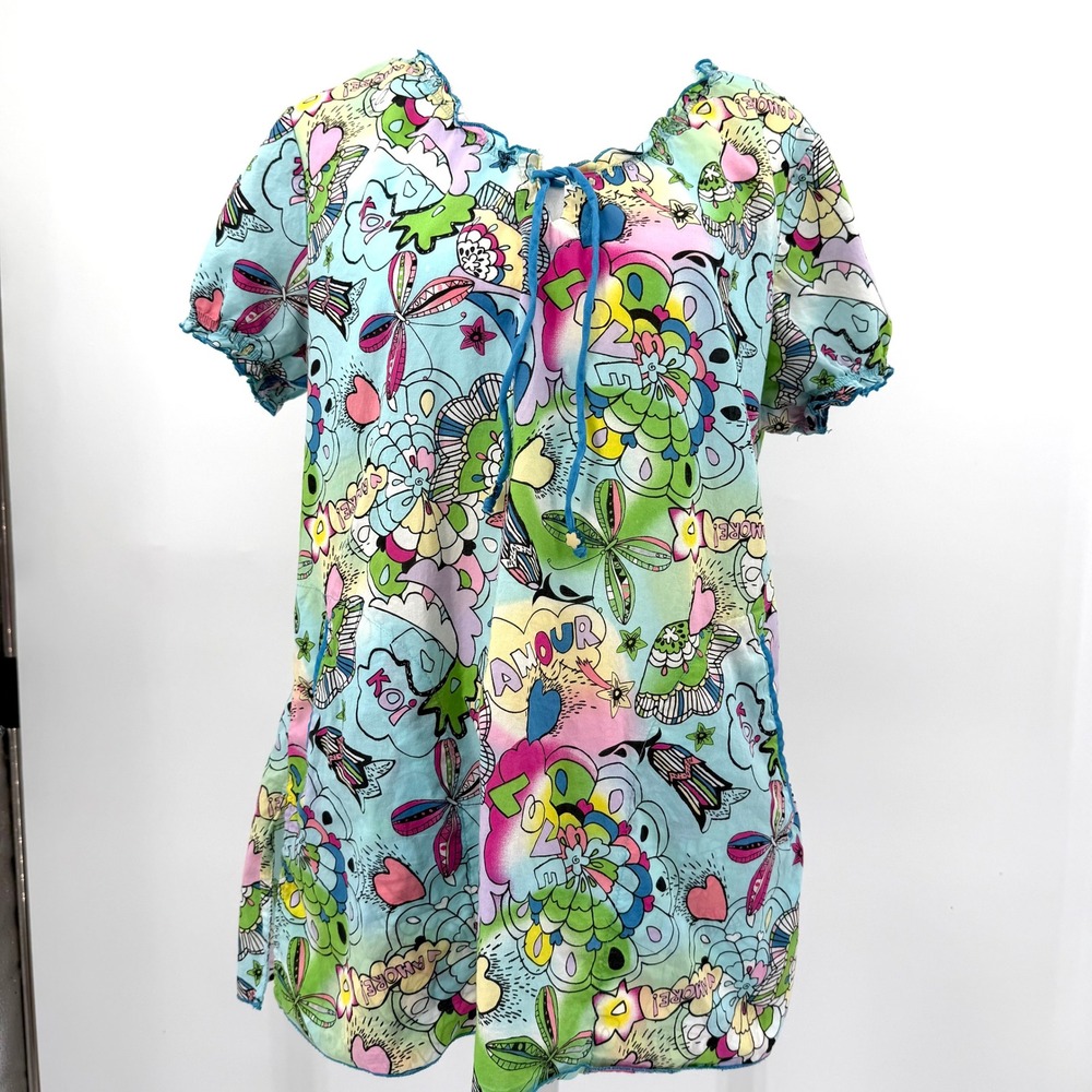 Koi Kathy Peterson Women Pop Art Floral Scrub Top Blue Multicolor Medium